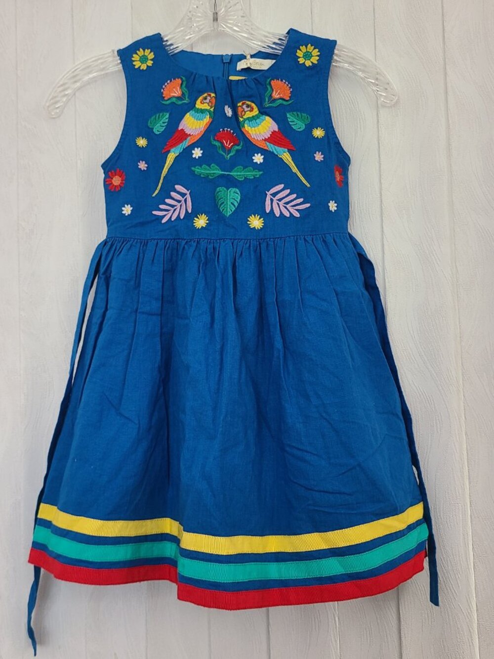 Mini Boden Girls 5-6 Yrs Marina Blue Embroidered Bird Floral Linen Cotton Dress